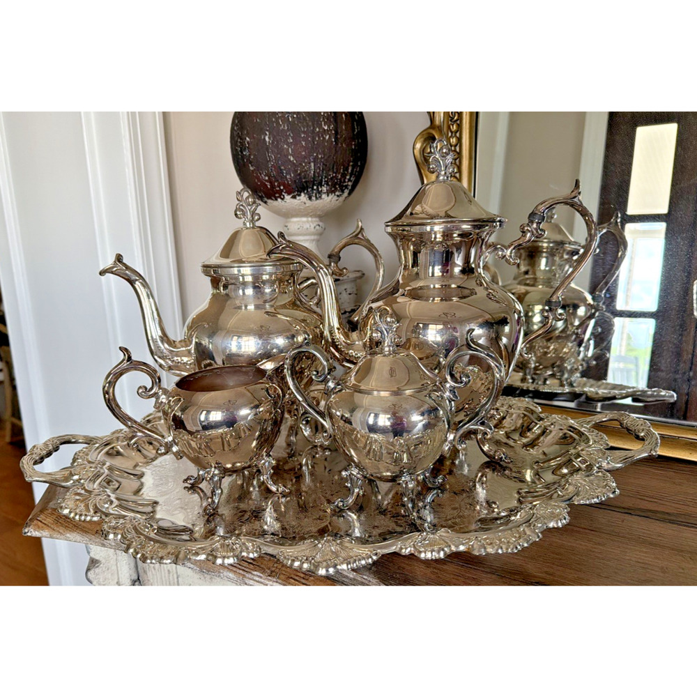 Birmingham Silver Tea Set 4 Pc w/ Large Ornate Tray Silverplate